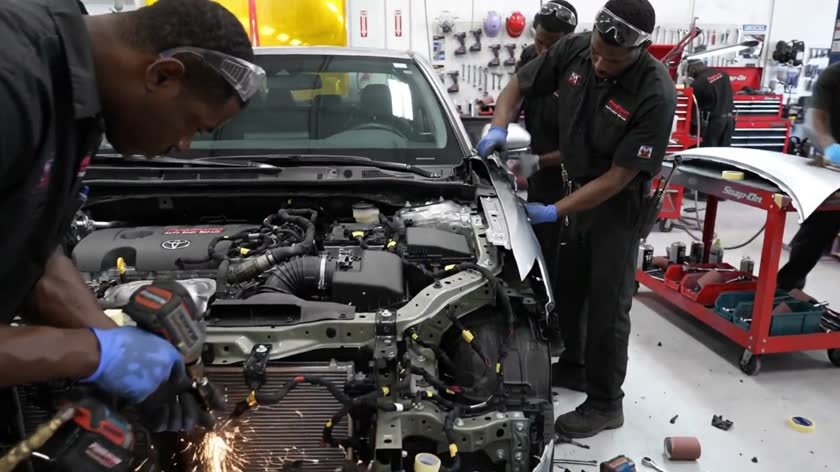 Illustrative body repair scene from promotional video